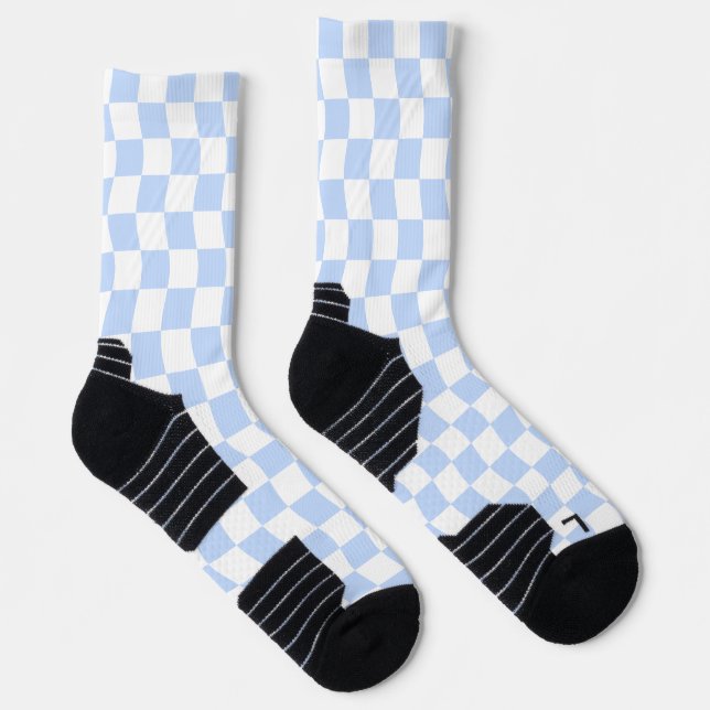 Pastell Blau Weiß Retro Schachbrettmuster Socken (Rechts)