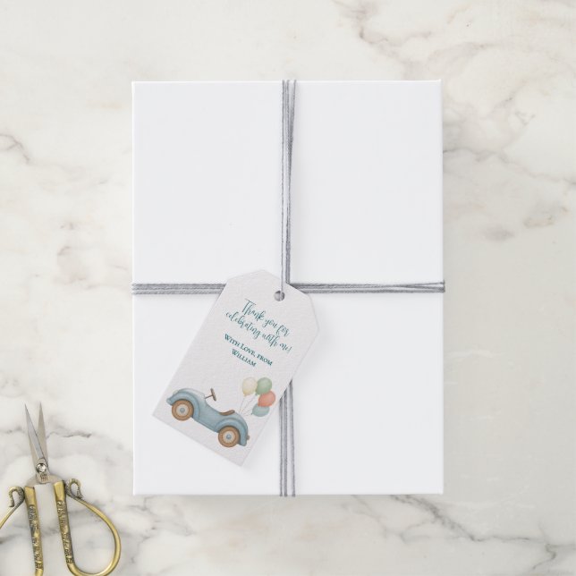 Pastell Blue Balloons & Car Geburtstagsgeschenkmar Geschenkanhänger (Mit Garn)