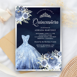 Pastell Blue Floral Gown Navy Silver Quinceanera Einladung