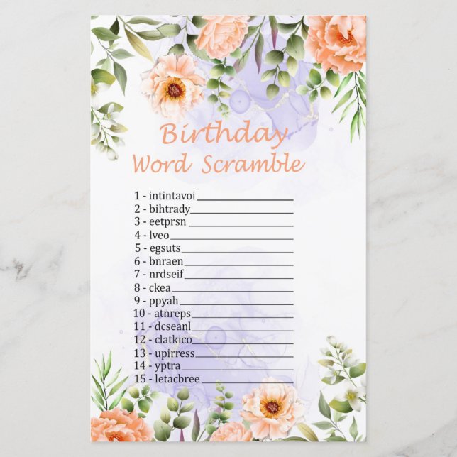 Pastell Blume Geburtstag Word Scramble Game (Vorderseite)