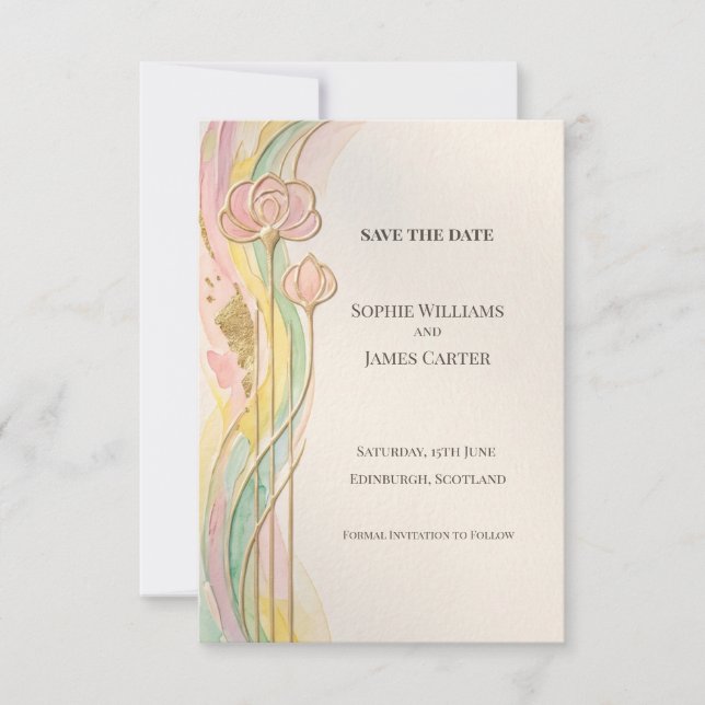 Pastell-Blumen Art Nouveau Save The Date (Vorderseite)