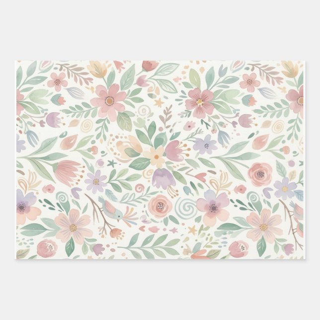 Pastell-Blumen-Fliesenumschlagpapierbögen Geschenkpapier Set (Vorderseite)