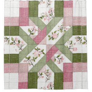 Pastell-Blumen-Geometrisches-Cottagecore-Quilt-Mus Duschvorhang