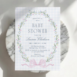 Pastell-Blumen-Gingham-Schleife-Baby-Einladung Einladung