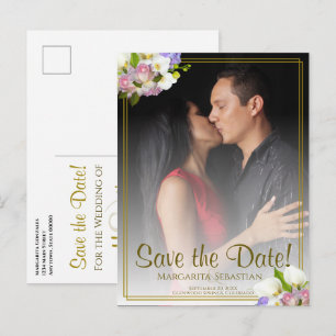 Pastell-Blumen-Goldrahmen-Hochzeitstermin Postkarte