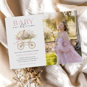 Pastell-Blumen-Kinderwagen-Mädchen-Baby-Party-Foto Einladung