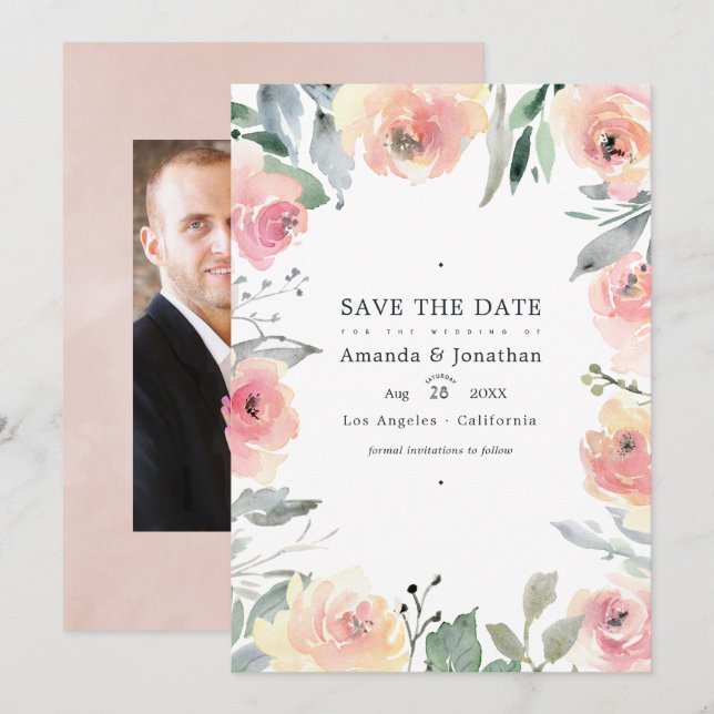 Pastell Blush Pink Bloral Wedding Foto Save The Date (Vorne/Hinten)