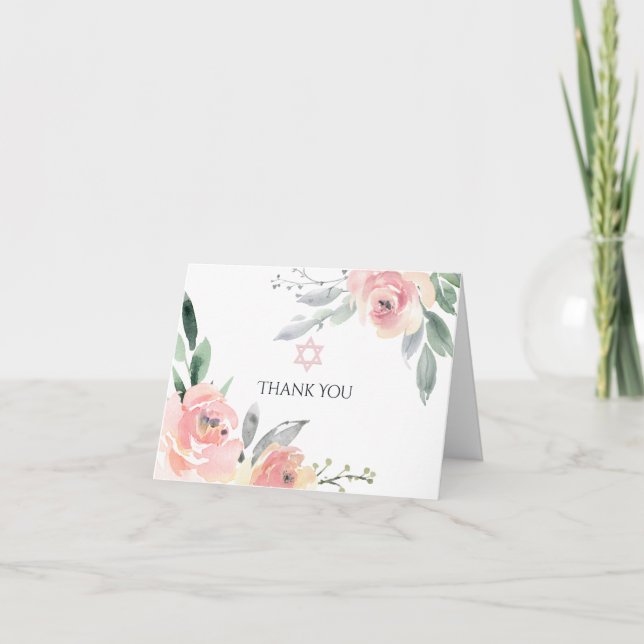 Pastell Blush Pink Floral Bat Mitzvah Danke, Auto Dankeskarte (Vorderseite)