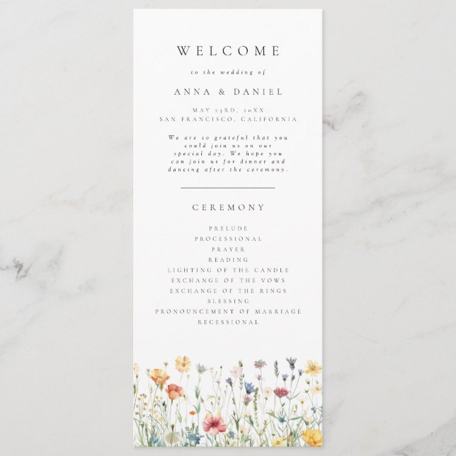 Pastell-Boho-Wildblumen-Hochzeitsprogramm Programm (Vorderseite)