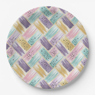 Pastell Brushstroke & Gold Crisscross Abstrakt Pappteller
