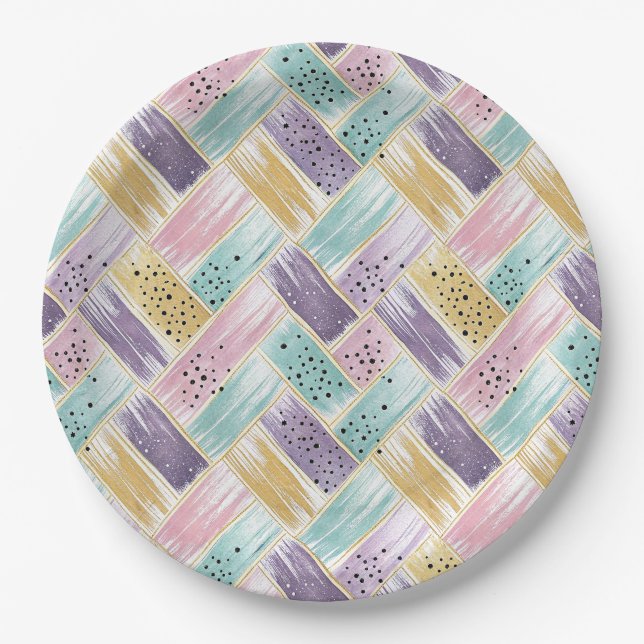 Pastell Brushstroke & Gold Crisscross Abstrakt Pappteller (Vorderseite)