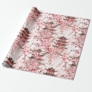 Pastell-Chinesische Pagoden-Kirschblüten-Landschaf Geschenkpapier