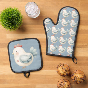 Pastell Cottagecore-Huhn Ofenhandschuh & Topflappen-Set