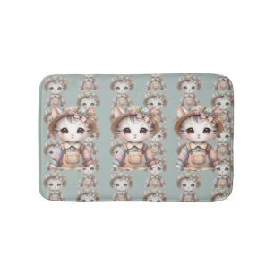 Pastell Cottagecore Katze in Latzhose & Strohhut Badematte