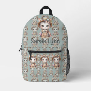Pastell Cottagecore Katze in Latzhose & Strohhut Bedruckter Rucksack