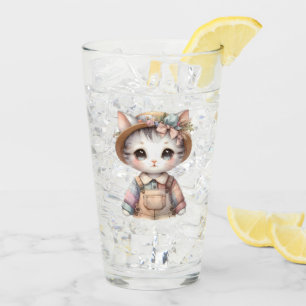 Pastell Cottagecore Katze in Latzhose & Strohhut Glas