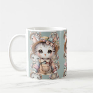 Pastell Cottagecore Katze in Latzhose & Strohhut Kaffeetasse
