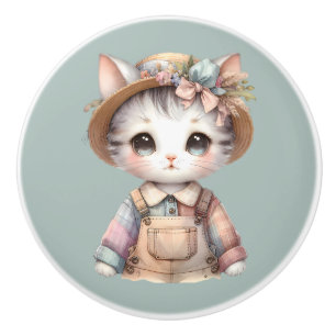 Pastell Cottagecore Katze in Latzhose & Strohhut Keramikknauf