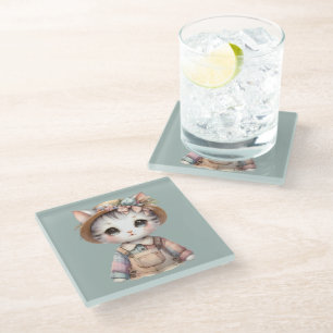 Pastell Cottagecore-Katze in Overall und Strohhut Glasuntersetzer