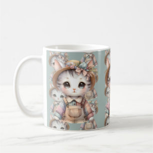 Pastell Cottagecore-Katze in Overall und Strohhut Kaffeetasse