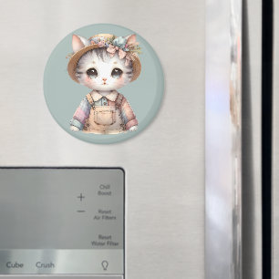 Pastell Cottagecore Katze in Overall und Strohhut Magnet