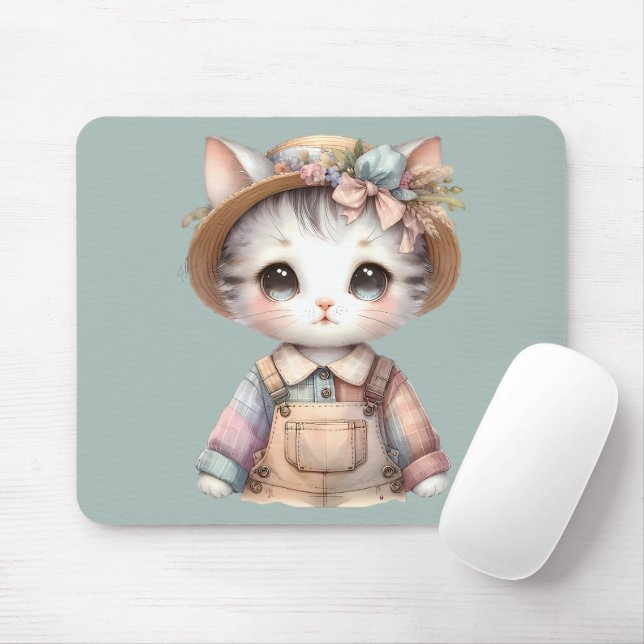 Pastell Cottagecore-Katze in Overall und Strohhut Mousepad (Mit Mouse)