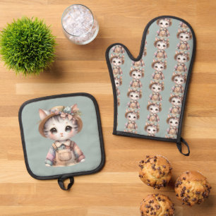 Pastell Cottagecore-Katze in Overall und Strohhut Ofenhandschuh & Topflappen-Set