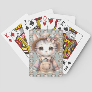 Pastell Cottagecore-Katze in Overall und Strohhut Spielkarten