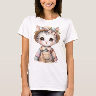 Pastell Cottagecore-Katze in Overall und Strohhut T-Shirt