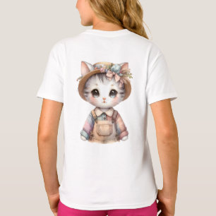 Pastell Cottagecore-Katze in Overall und Strohhut T-Shirt