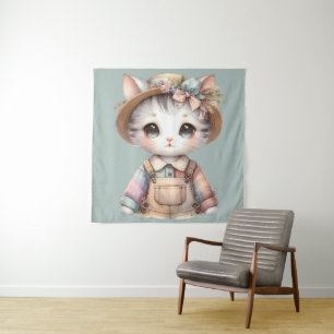 Pastell Cottagecore-Katze in Overall und Strohhut Wandteppich