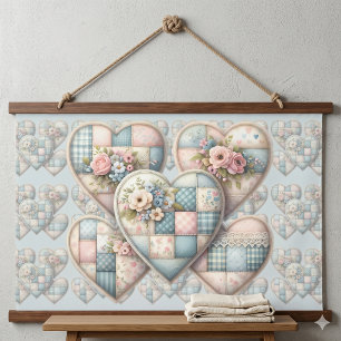 Pastell Cottagecore Patchwork-Herzen Wandteppich Mit Holzrahmen