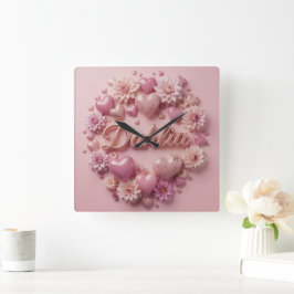 Pastell-Dahlien-Blüten-Kunst mit Herzen Quadratische Wanduhr