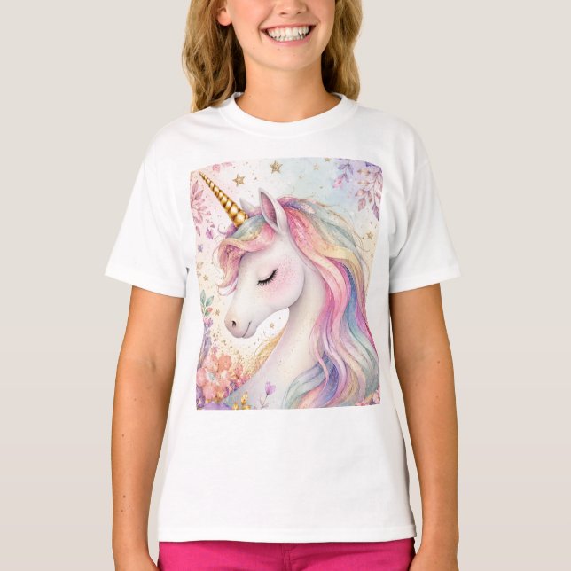 Pastell-Einhorn-Blumenmuster T-Shirt (Vorderseite)