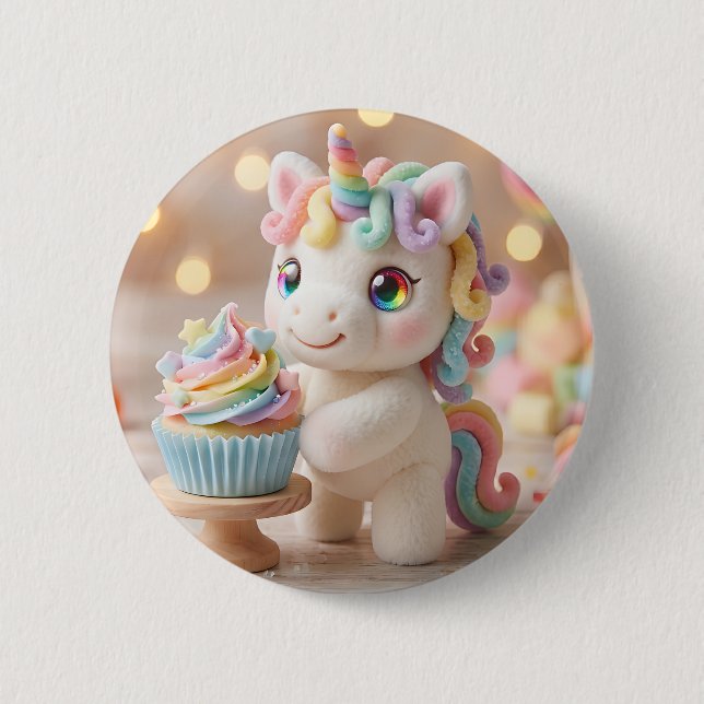 Pastell-Einhorn mit Regenbogen-Cupcake Button (Vorderseite)