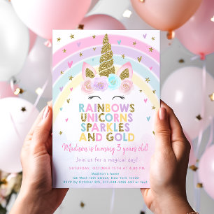 Pastell-Einhorn-Regenbogen-Glitzer-Geburtstag Einladung