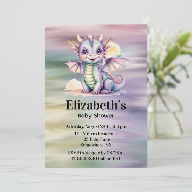 Pastell-Fantasie-Drache-Baby-Party Einladung (Stehend Vorderseite)