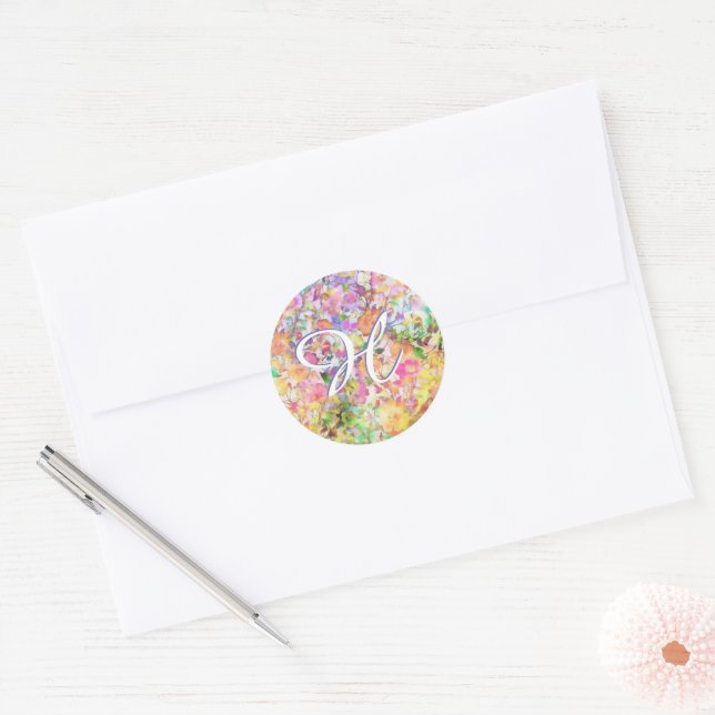 Pastell florales Mongramm Runder Aufkleber (Umschlag)