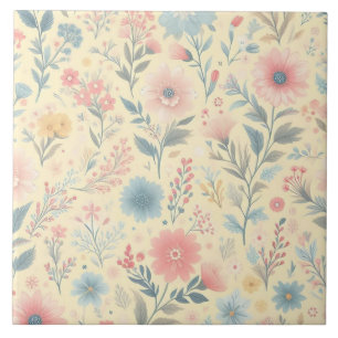 Pastell florales Pink & Blau auf hellgelb Fliese