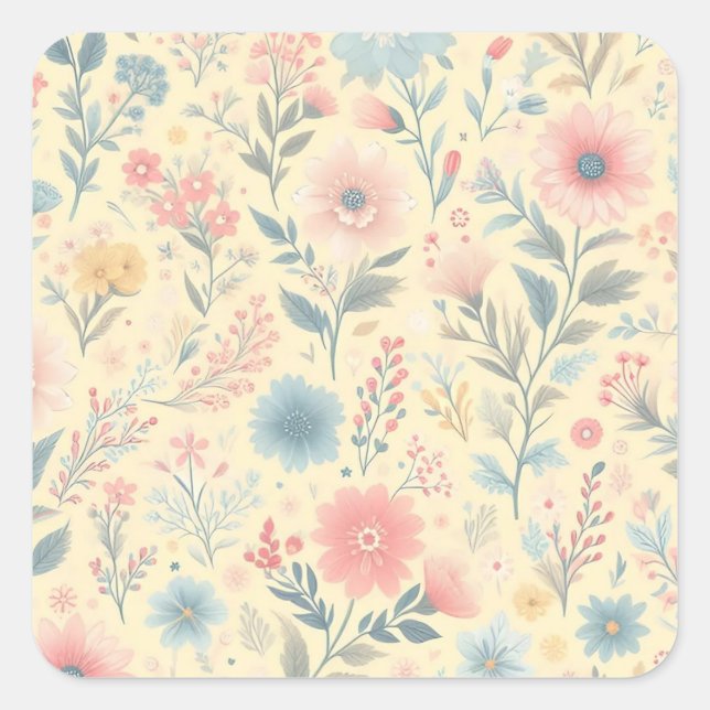 Pastell florales Pink & Blau auf hellgelb Quadratischer Aufkleber (Vorderseite)