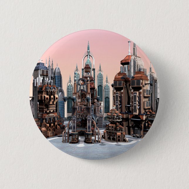 Pastell-Futuristische Stadt-Fantasie-Skyline-Kunst Button (Vorderseite)