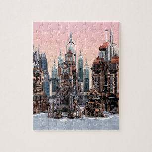 Pastell-Futuristische Stadt-Fantasie-Skyline-Kunst Puzzle