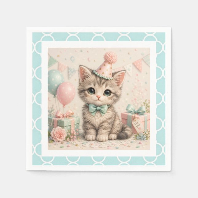 Pastell-Geburtstag-Kätzchen-Illustration Papier Se Serviette (Vorderseite)