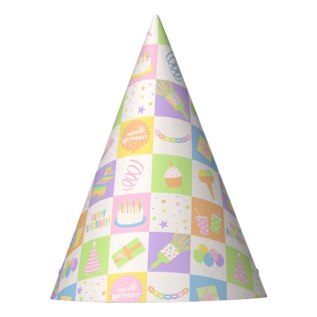 Pastell-Geburtstags-Icons Partyhut (Vorderseite)
