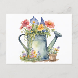 Pastell-Gießkanne mit Gartenblumen Aquarell Postkarte
