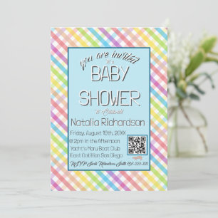Pastell-Gingham-Regenbogen-Baby-Party Blau Einladung