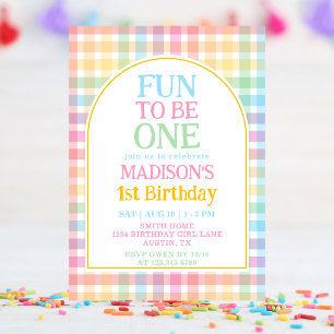 Pastell Gingham Spaß zum ersten 1. Geburtstag Einladung