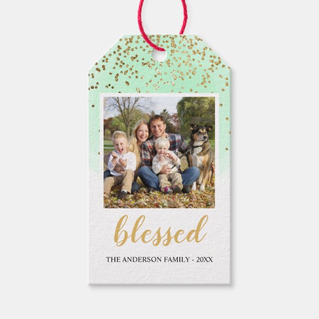 Pastell Green Gold Glitzer Weihnachten Geschenkanhänger (Vorderseite)