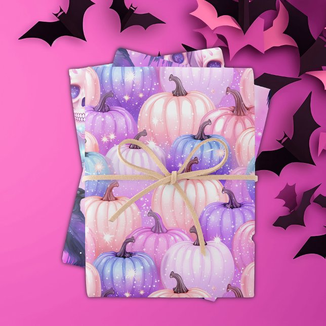 Pastell Halloween Pumpkins, Skulls, Krähen, Pinks Geschenkpapier Set (Von Creator hochgeladen)