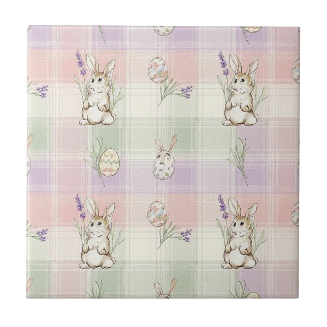 Pastell-Hasen-Ei-Gingham-Frühlingsmuster Fliese (Vorderseite)